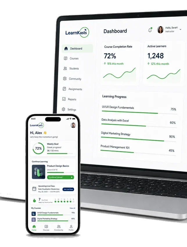 LearnKasts dashboard on a MacBook with the mobile app standing in front of it